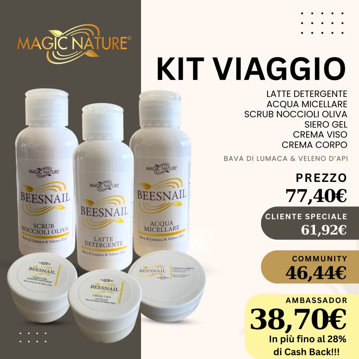 KIT PROVA: LATTE DETERGENTE - ACQUA MICELLARE - SCRUB NOCCIOLI OLIVA - SIERO GEL ANTIAGE - CREMA VISO ANTIAGE - CREMA CORPO TRIPLE ACTION