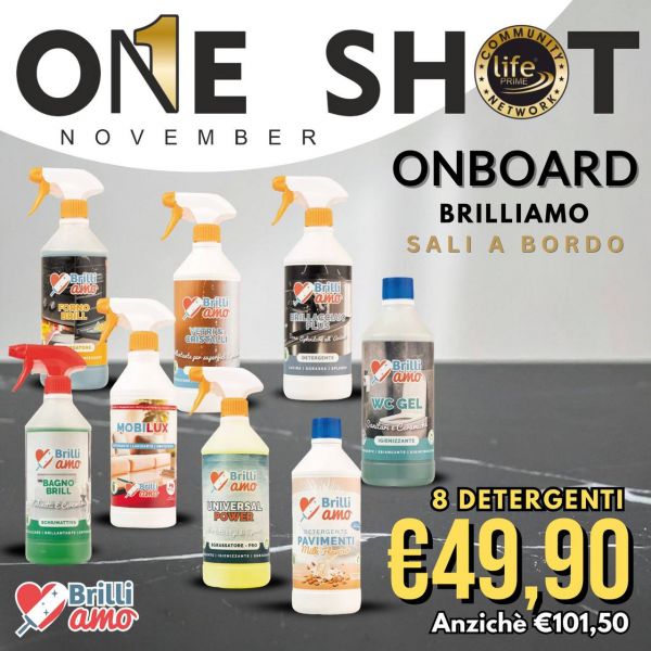 KIT ON BOARD BRILLIAMO: FORNOBRILL + VETRI E CRISTALLI + BRILLACCIAIO PLUS + BAGNOBRILL + MOBILUX + UNIVERSAL POWER + LAVAPAVIMENTI MILK FLAVOUR