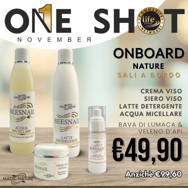KIT ON BOARD NATURE: CREMA ANTIAGE BEESNAIL VISO 50ML + SIERO BEESNAIL AZIONE RAPIDA 30 ML + LATTE DETERGENTE BEESNAIL + ACQUA MICELLARE BEESNAIL 250 ML VELENO APE