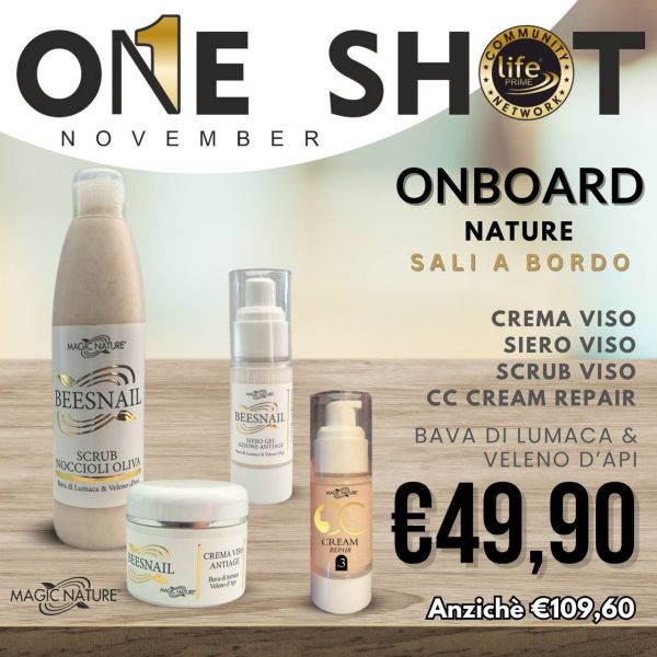 KIT ON BOARD NATURE: CREMA ANTIAGE BEESNAIL VISO 50ML + SIERO BEESNAIL AZIONE RAPIDA 30 ML + SCRUB BEESNAIL NOCCIOLI OLIVA 250 ML + CREAM REPAIR N 4