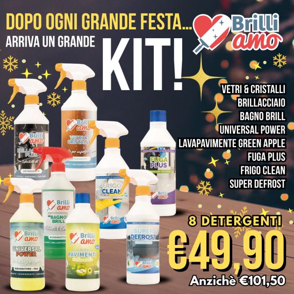 KIT ON BOARD: VETRI E CRISTALLI + BRILLACCIAIO PLUS + BAGNOBRILL + UNIVERSAL POWER + LAVAPAVIMENTI GREEN APPLE + FUGA PLUS + FRIGO CLEAN + SUPER DEFROST