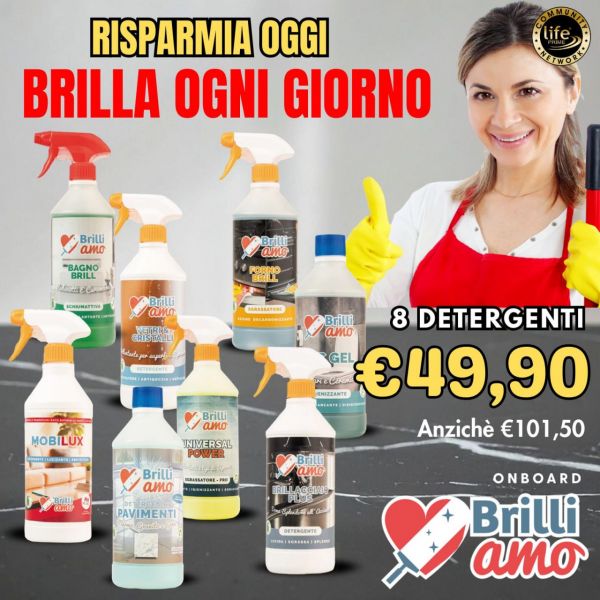 KIT ON BOARD: BAGNOBRILL + VETRI E CRISTALLI + FORNOBRILL + WC GEL + UNIVERSAL POWER + BRILLACCIAIO PLUS + LAVAPAVIMENTI MARMO GRANITO E GRES + MOBILUX