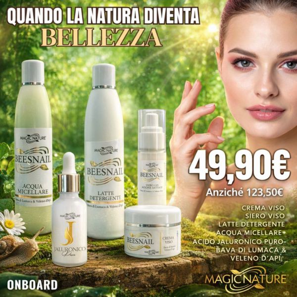 KIT ON BOARD: CREMA ANTIAGE BEESNAIL VISO 50ML + SIERO BEESNAIL AZIONE RAPIDA 30 ML + LATTE DETERGENTE BEESNAIL + ACQUA MICELLARE BEESNAIL 250 ML VELENO APE + ACIDO JALURONICO PURO