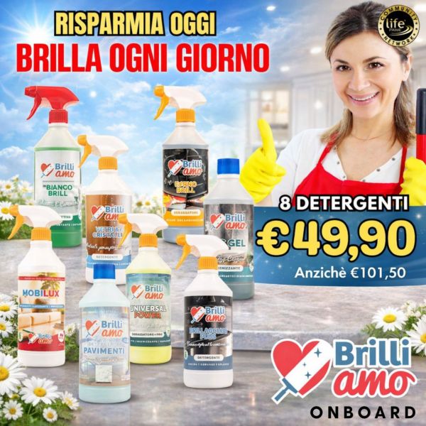 KIT ON BOARD: BAGNOBRILL + VETRI E CRISTALLI + FORNOBRILL + WC GEL + UNIVERSAL POWER + BRILLACCIAIO PLUS + LAVAPAVIMENTI MARMO GRANITO E GRES + MOBILUX
