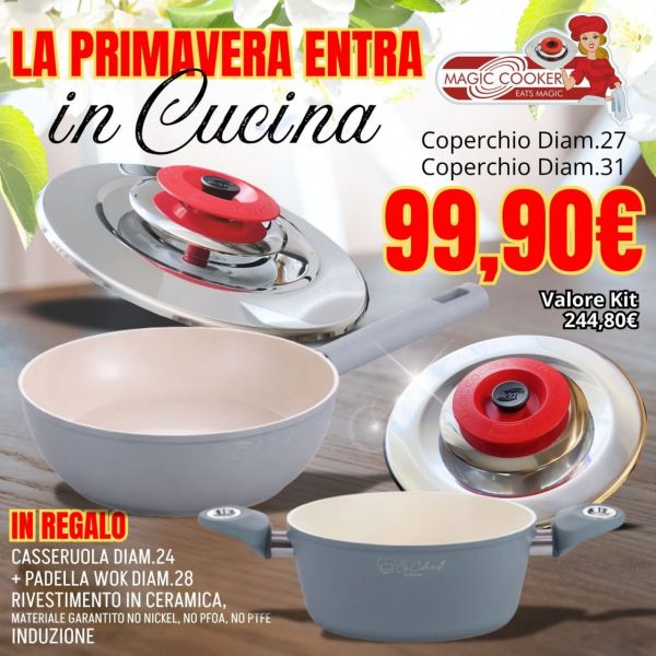 KIT ON BOARD: ART TONDO 27 - 31 CLASSIC + CASSERUOLA DIAM. 24 + SALTAPASTA DIAM. 28 RIVESTIMENTO IN CERAMICA - INDUZIONE - COLORE GRIGIO