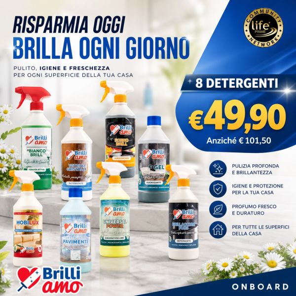 KIT ON BOARD: BAGNOBRILL + VETRI E CRISTALLI + FORNOBRILL + WC GEL + UNIVERSAL POWER + BRILLACCIAIO PLUS + LAVAPAVIMENTI MARMO GRANITO E GRES + MOBILUX