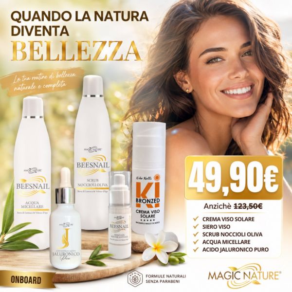 KIT ON BOARD: CREMA VISO SOLARE 50 ML Kì BRONZED BOABAB&MALLO DI NOCE + SIERO BEESNAIL AZIONE RAPIDA 30 ML + SCRUB BEESNAIL NOCCIOLI OLIVA 250ML + ACQUA MICELLARE BEESNAIL 250 ML VELENO APE + ACIDO JALURONICO PURO