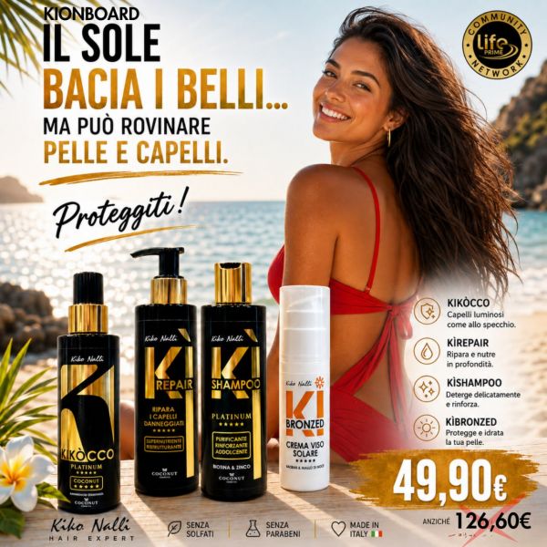 KIT ON BOARD: KIKOCCO INSTANT LAMINATION 100 ML + KI REPAIR + KI SHAMPOO + CREMA VISO SOLARE 50 ML 