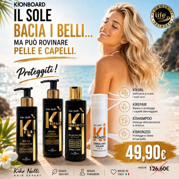 KIT ON BOARD: KI KURL + KI REPAIR + KI SHAMPOO + CREMA VISO SOLARE 50 ML 