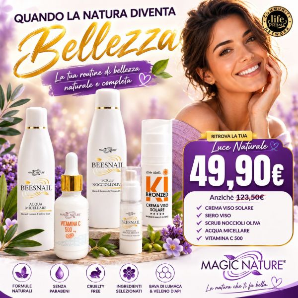 KIT ON BOARD: CREMA VISO SOLARE 50 ML + SIERO BEESNAIL AZIONE RAPIDA 30 ML + ACQUA MICELLARE BEESNAIL 250 ML VELENO APE + VITAMINA C 500 GR + SCRUB BEESNAIL NOCCIOLI OLIVA 250ML