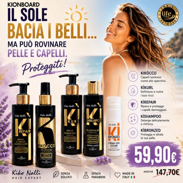 KIT ON BOARD: KIKOCCO INSTANT LAMINATION 100 ML + KI KURL + KI REPAIR + KI SHAMPOO + CREMA VISO SOLARE 50 ML 