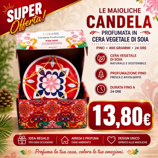 CANDELA PROFUMATA FIRE RED IN CERA VEGETALE DI SOIA - PROFUMAZIONE PINO