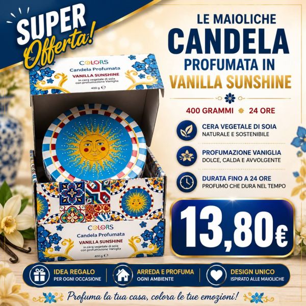 CANDELA PROFUMATA VANILLA SUNSHINE IN CERA VEGETALE DI SOIA - PROFUMAZIONE VANIGLIA