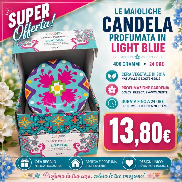 CANDELA PROFUMATA LIGHT BLUE IN CERA VEGETALE DI SOIA - PROFUMAZIONE GARDENIA