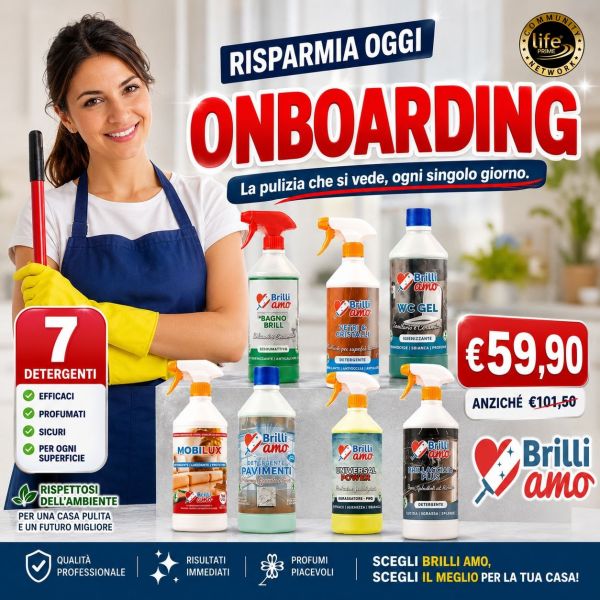 KIT ONBOARDING: BAGNOBRILL + VETRI E CRISTALLI + WC GEL + MOBILUX + LAVAPAVIMENTI MARMO GRANITO E GRES + UNIVERSAL POWER + BRILLACCIAIO PLUS