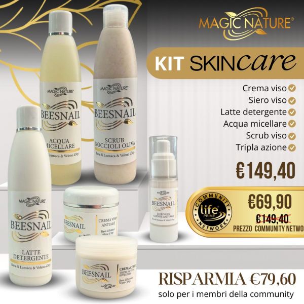 SET BEESNAIL: CREMA ANTIAGE VISO 50ML + SIERO AZIONE RAPIDA 30 ML + LATTE DETERGENTE + ACQUA MICELLARE 250 ML + SCRUB NOCCIOLI OLIVA 250 ML + CREMA EMULS.CORPO 250 ml TRIPLE ACTION