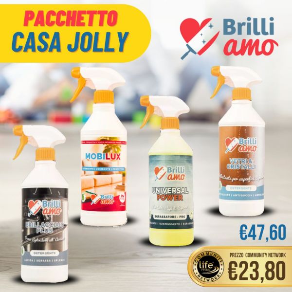 PACCHETTO CASA JOLLY: BRILLACCIAIO PLUS - MOBILUX - UNIVERSAL POWER - VETRI E CRISTALLI