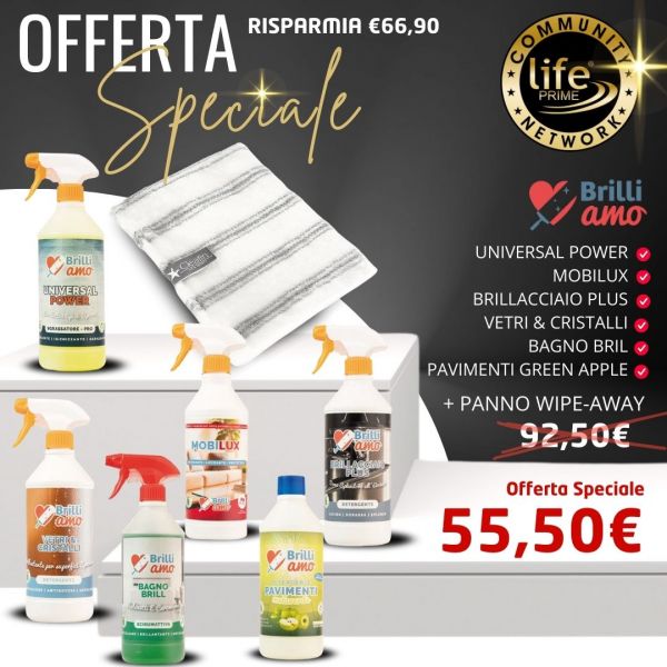 KIT BRILLIAMO: LAVAPAVIMENTI GREEN APPLE + MOBILUX + VETRI E CRISTALLI + BAGNOBRILL + BRILLACCIAIO PLUS + UNIVERSAL POWER + PANNO WIPE - AWAY