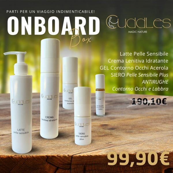 ON BOARD KIT CUDDLES: LATTE PELLE SENSIBILE 200 ML - GEL CONTORNO OCCHI ACEROLA 15 ML - SIERO PELLE SENSIBILE PLUS 15 ML - CREMA LENITIVA IDRATANTE 50 ML - ANTIRUGHE CONTORNO OCCHI E LABBRA 10 ML