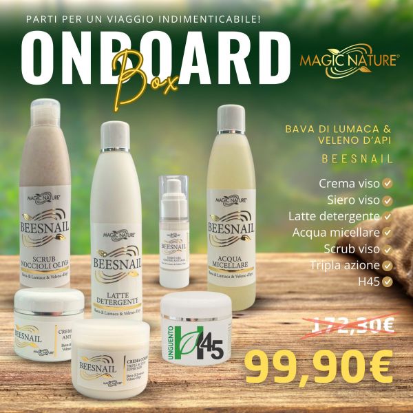 ON BOARD KIT NATURE: CREMA ANTIAGE BEESNAIL VISO 50ML - SIERO BEESNAIL AZIONE RAPIDA 30 ML - CREMA BEESNAIL EMULS.CORPO 250 ml TRIPLE ACTION - LATTE DETERGENTE BEESNAIL - H45 UNGUENTO - ACQUA MICELLARE BEESNAIL 250 ML VELENO APE - SCRUB BEESNAIL NOCCIOLI 