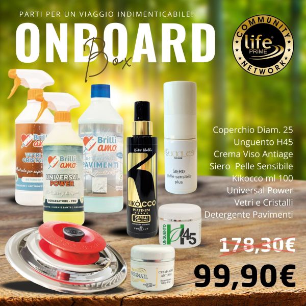 ON BOARD BOX: ART TONDO 25 CLASSIC - H45 UNGUENTO - CREMA ANTIAGE BEESNAIL VISO 50ML - SIERO PELLE SENSIBILE PLUS 15 ML - KIKOCCO INSTANT LAMINATION 100 ML - UNIVERSAL POWER - VETRI E CRISTALLI - LAVAPAVIMENTI MARMO GRANITO E GRES