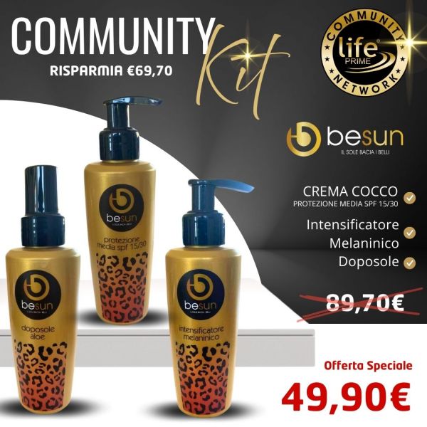 KIT BESUN: CREMA COCCO PROTEZIONE MEDIA 150 ML + DOPOSOLE ALOE 150 ML + INTENSIFICATORE MELANINICO 150 ML