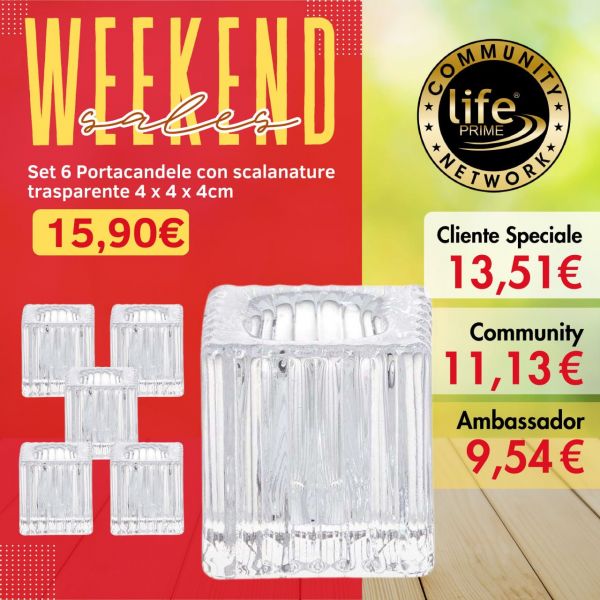 SET 6 PORTACANDELE CON SCANALATURE TRASPARENTE 4 x 4 H 4 cm