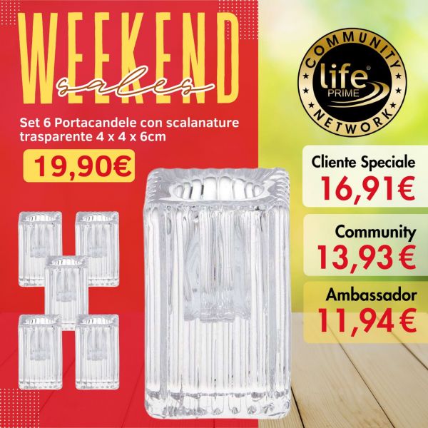 SET 6 PORTACANDELE CON SCANALATURE TRASPARENTE 4 x 4 x 6 cm