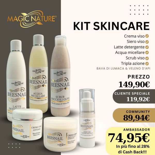 SET BEESNAIL: CREMA ANTIAGE VISO 50ML + SIERO AZIONE RAPIDA 30 ML + LATTE DETERGENTE + ACQUA MICELLARE 250 ML + SCRUB NOCCIOLI OLIVA 250 ML + CREMA EMULS.CORPO 250 ml TRIPLE ACTION