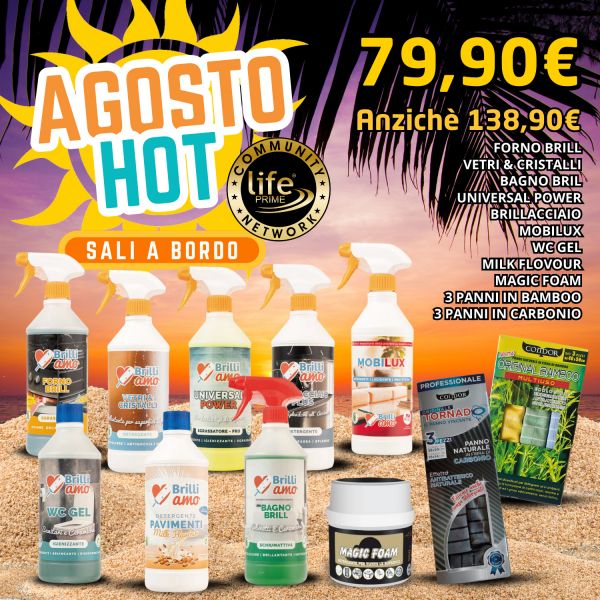 KIT ON BOARD: FORNIBRILL + VETRI E CRISTALLI + BAGNOBRILL + UNIVERSAL POWER + BRILLACCIAIO PLUS + MOBILUX + WC GEL + LAVAPAVIMENTI MILK FLAVOUR + PANNI NATURALI IN FIBRA DI BAMBOO + PANNO TORNADO + CREMA DETERGENTE MAGIC FOAM 900 GRAMMI 